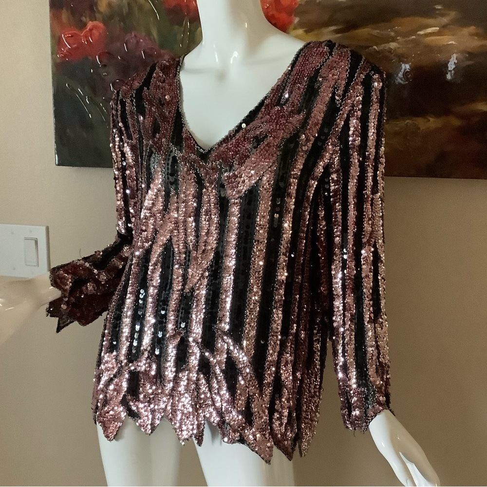 Vintage Sho Max Baby Pink Sequin Top with Rhinestones - Picture 7 of 12